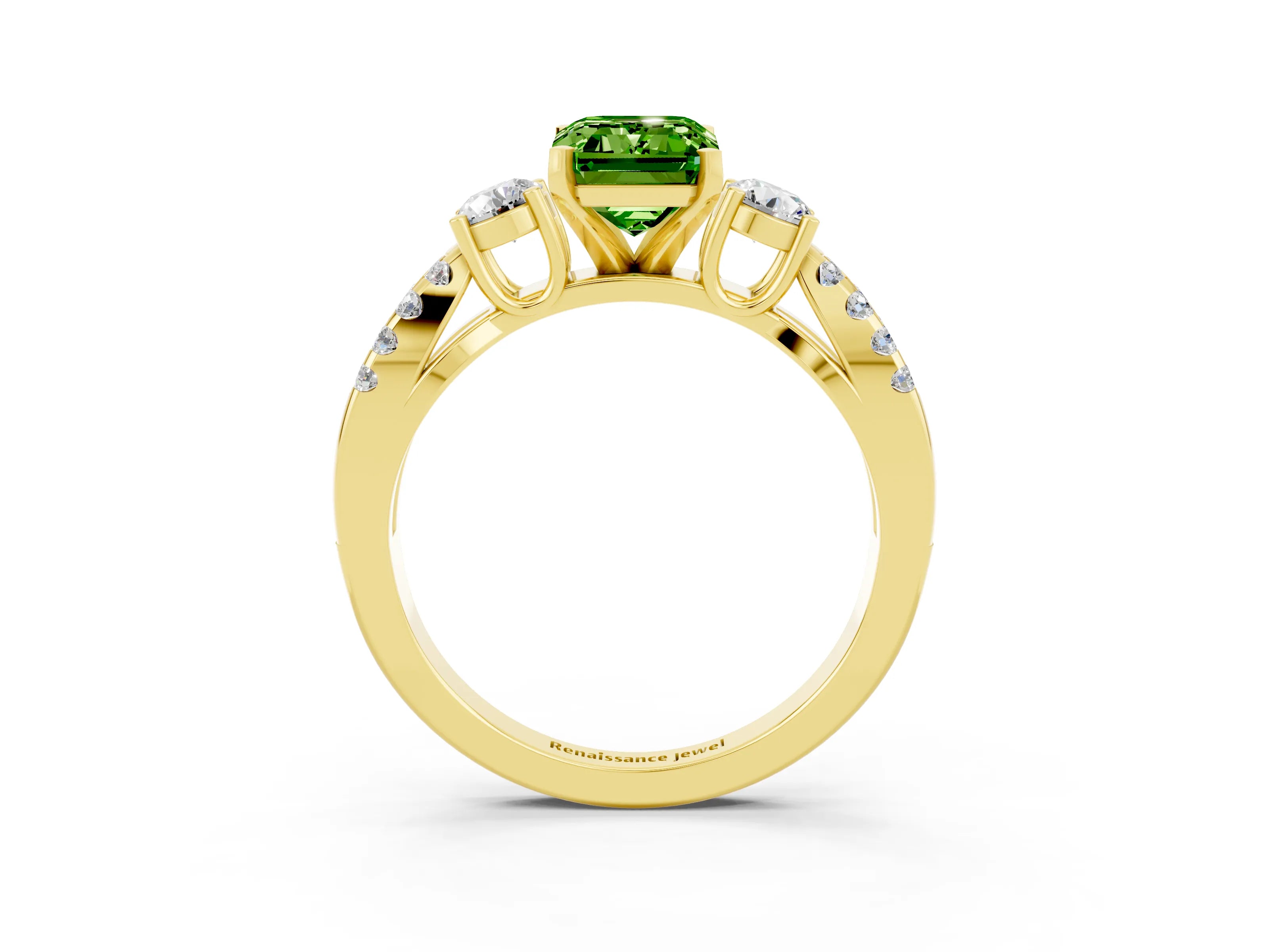 Yellow gold Emerald Cut Peridot Three-Stone Ring with Pavé Split Shank and Four-Prong Setting_3