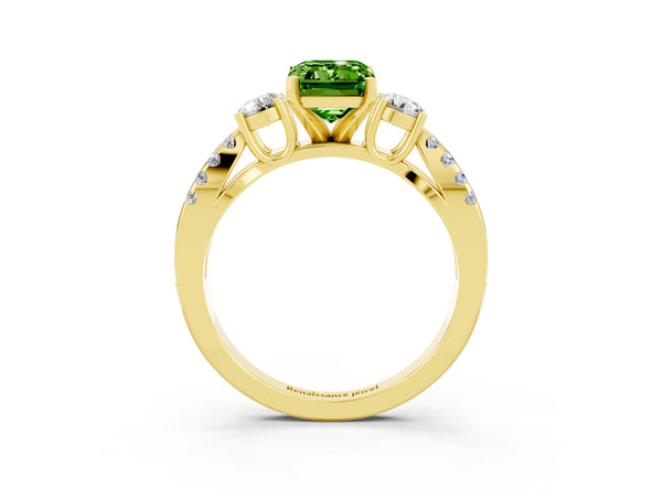 Yellow gold Emerald Cut Peridot Three-Stone Ring with Pavé Split Shank and Four-Prong Setting