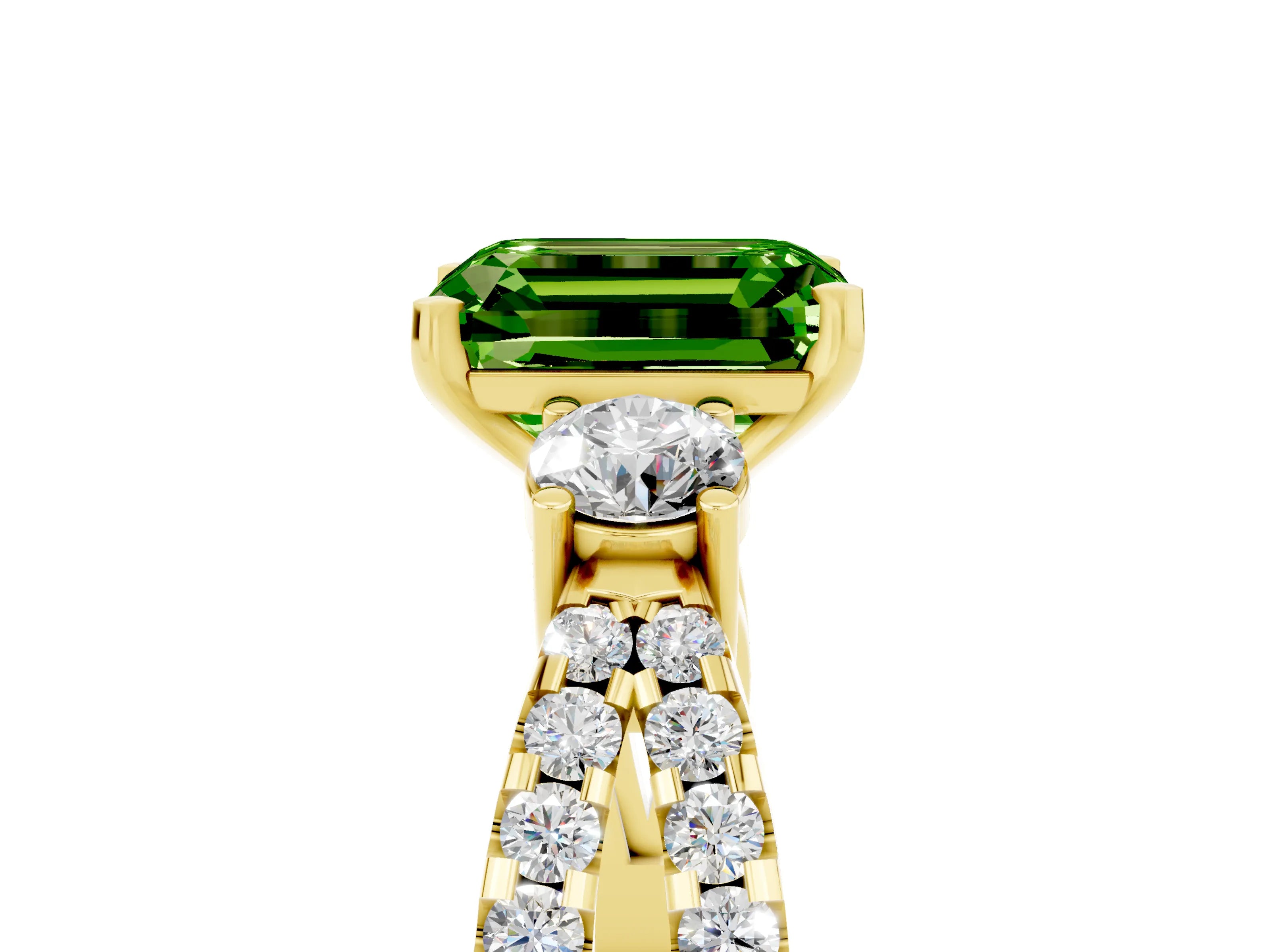 Yellow gold Emerald Cut Peridot Three-Stone Ring with Pavé Split Shank and Four-Prong Setting_5