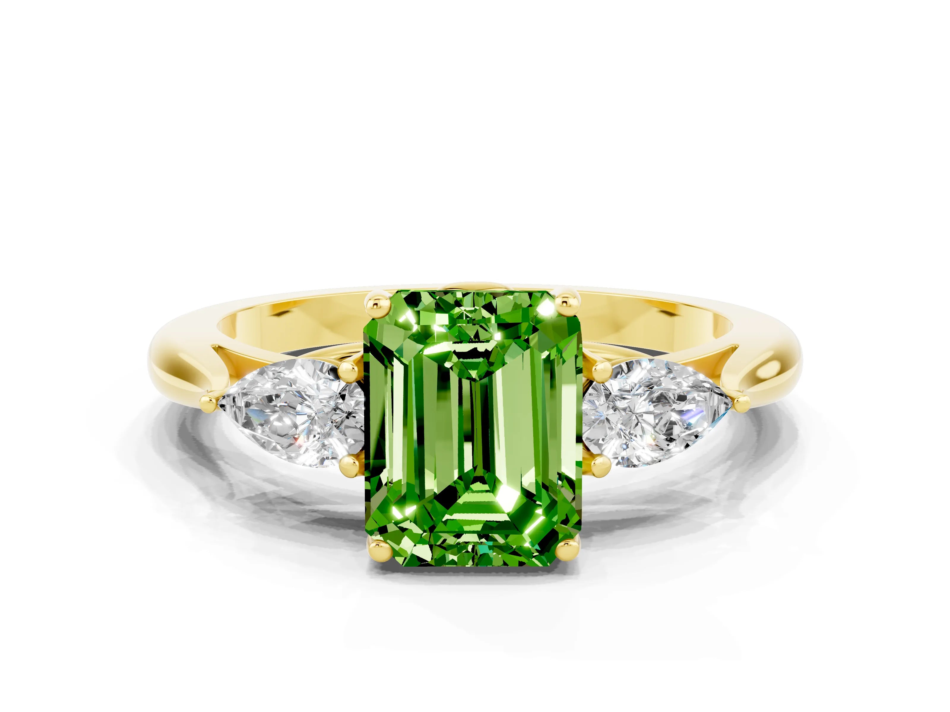 Yellow gold Emerald Cut Peridot Three-Stone Ring with Pear Side Stones and Four-Prong Setting_12