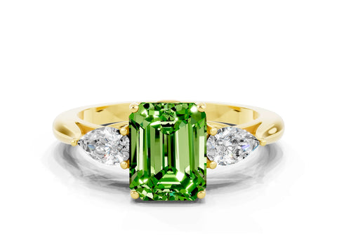 Yellow gold Emerald Cut Peridot Three-Stone Ring with Pear Side Stones and Four-Prong Setting_12