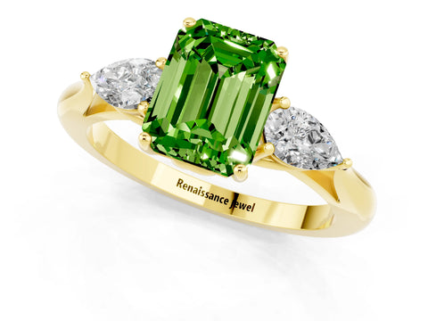 Yellow gold Emerald Cut Peridot Three-Stone Ring with Pear Side Stones and Four-Prong Setting_13