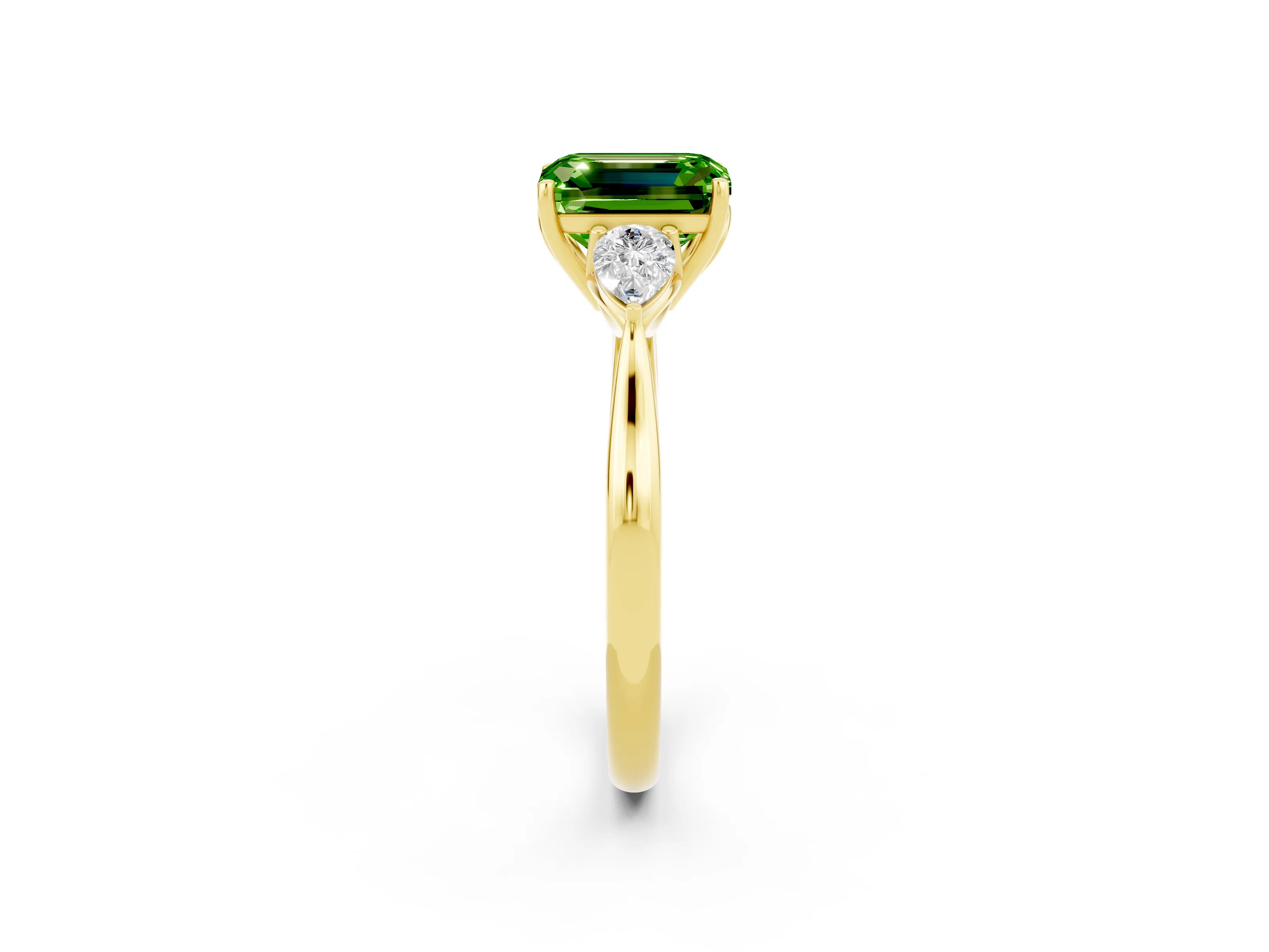 Yellow gold Emerald Cut Peridot Three-Stone Ring with Pear Side Stones and Four-Prong Setting_14