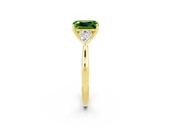 Yellow gold Emerald Cut Peridot Three-Stone Ring with Pear  Side Stones and Prong Setting