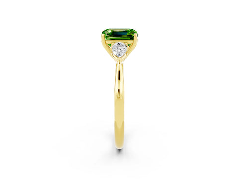 Yellow gold Emerald Cut Peridot Three-Stone Ring with Pear Side Stones and Four-Prong Setting_14