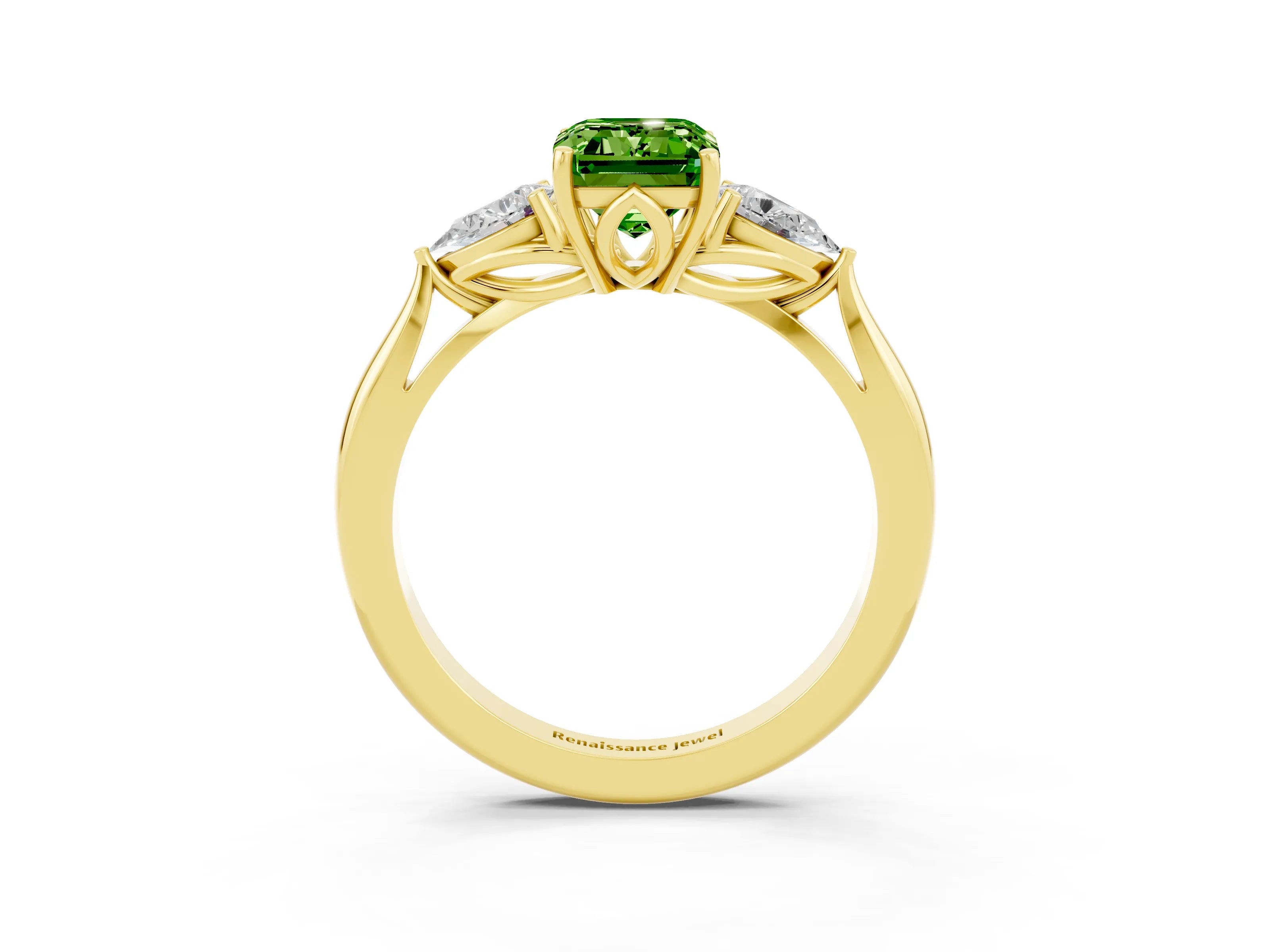 Yellow gold Emerald Cut Peridot Three-Stone Ring with Pear Side Stones and Four-Prong Setting_15