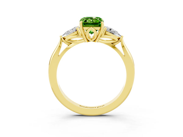 Yellow gold Emerald Cut Peridot Three-Stone Ring with Pear  Side Stones and Prong Setting