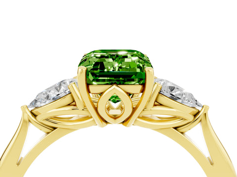 Yellow gold Emerald Cut Peridot Three-Stone Ring with Pear Side Stones and Four-Prong Setting_16
