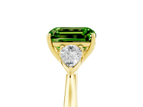 Yellow gold Emerald Cut Peridot Three-Stone Ring with Pear Side Stones and Four-Prong Setting_17