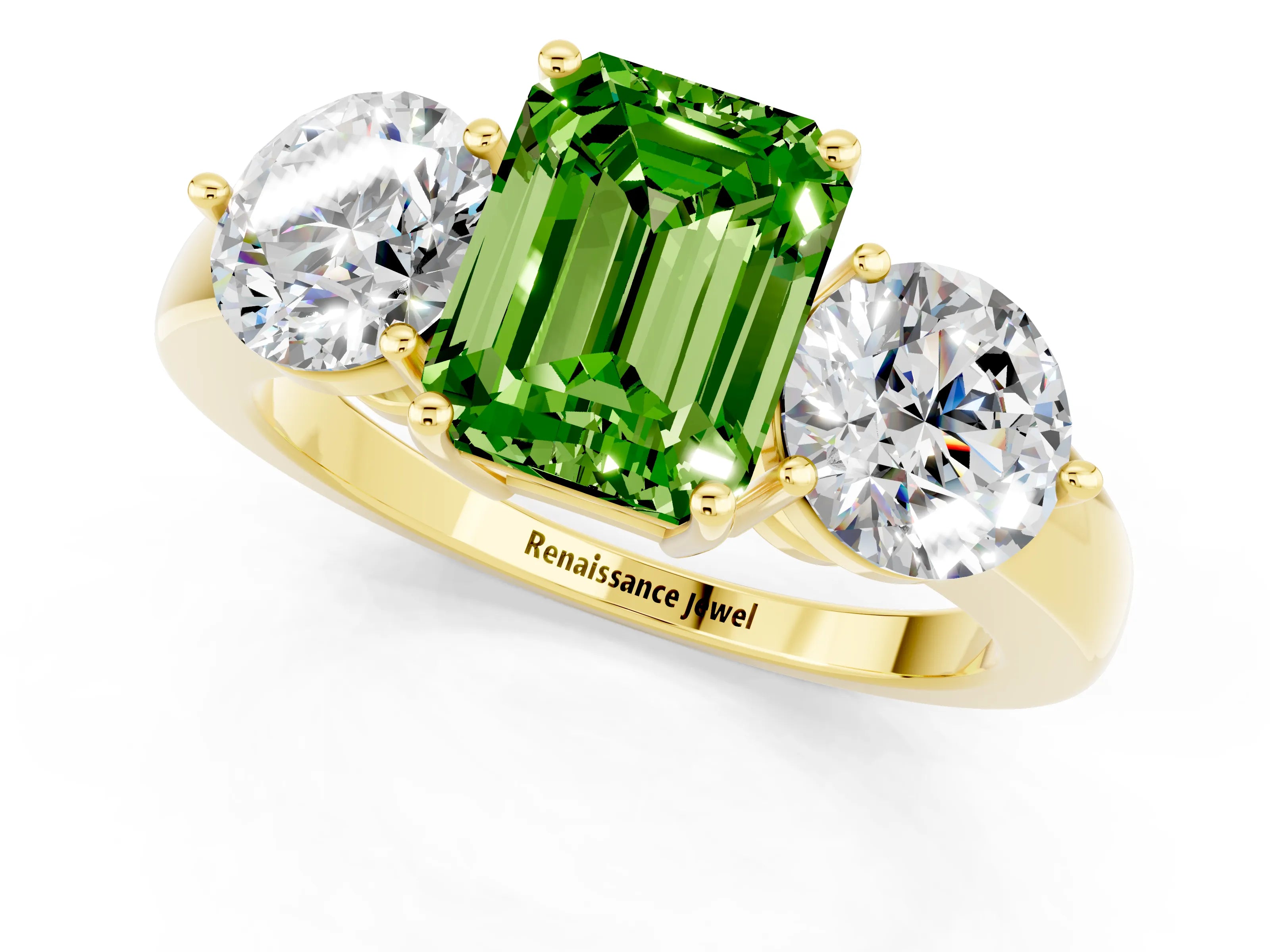 Yellow gold Emerald Cut Peridot Three-Stone Ring with Prong Setting and Classic Band_1