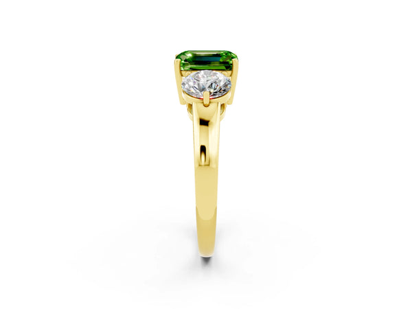 Yellow gold Emerald Cut Peridot Three-Stone Ring with Prong Setting and Classic Band