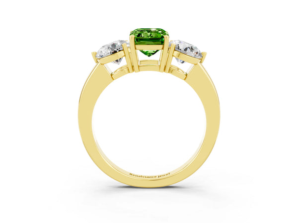 Yellow gold Emerald Cut Peridot Three-Stone Ring with Prong Setting and Classic Band