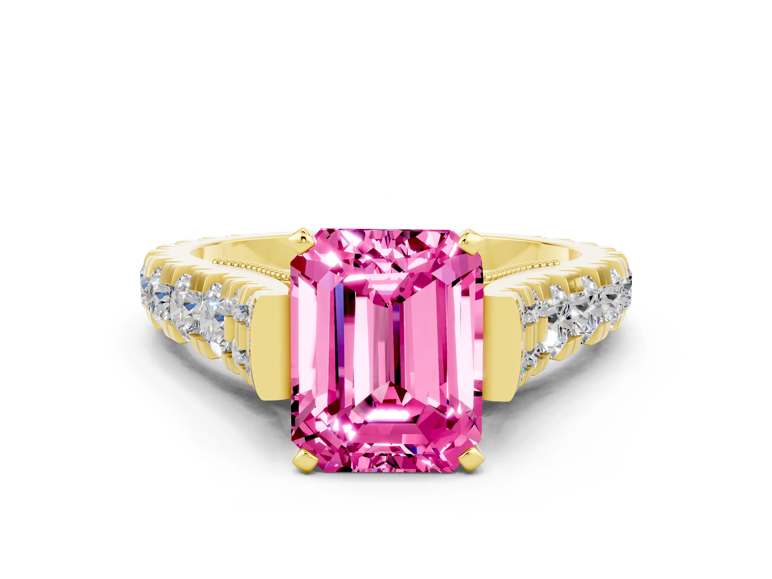 Yellow gold Emerald Cut Pink Sapphire Classic Solitaire Ring with Pavé Band and Four-Prong Setting_12