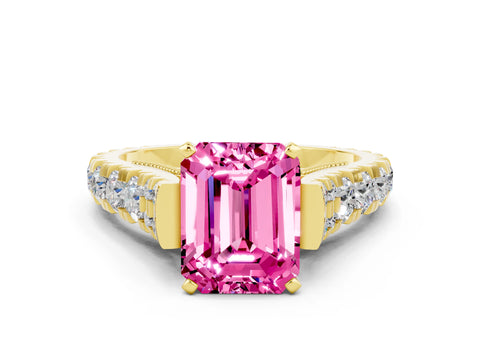 Yellow gold Emerald Cut Pink Sapphire Classic Solitaire Ring with Pavé Band and Four-Prong Setting_12