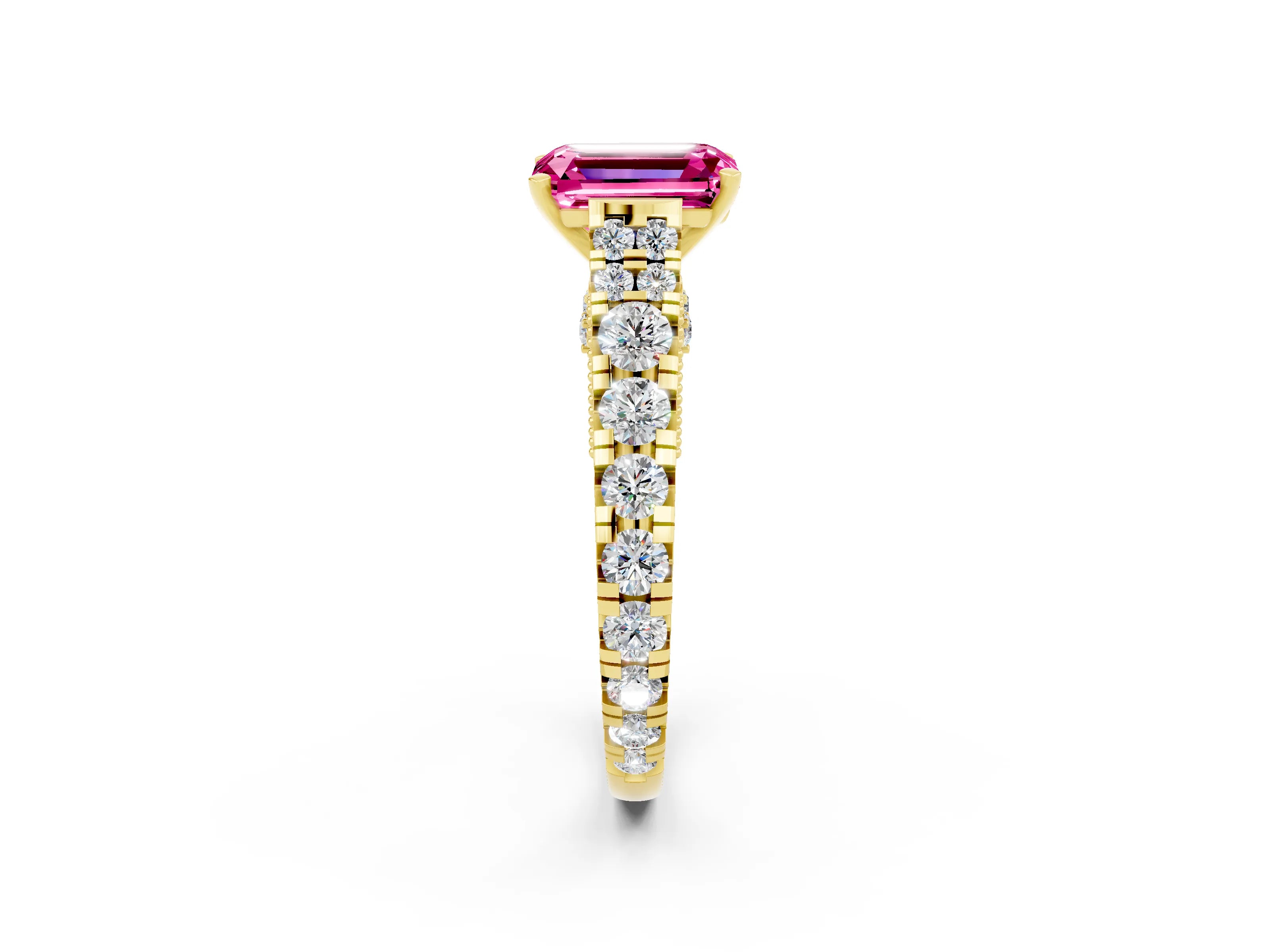 Yellow gold Emerald Cut Pink Sapphire Classic Solitaire Ring with Pavé Band and Four-Prong Setting_14