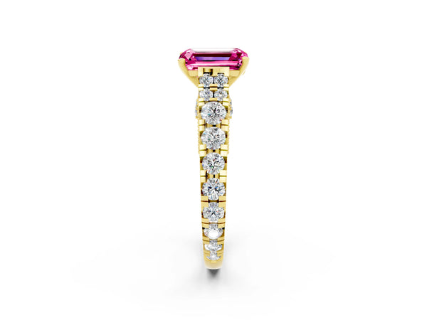 Yellow gold Emerald Cut Pink Sapphire Classic Solitaire Ring with Pavé Band and Four-Prong Setting