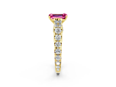 Yellow gold Emerald Cut Pink Sapphire Classic Solitaire Ring with Pavé Band and Four-Prong Setting_14