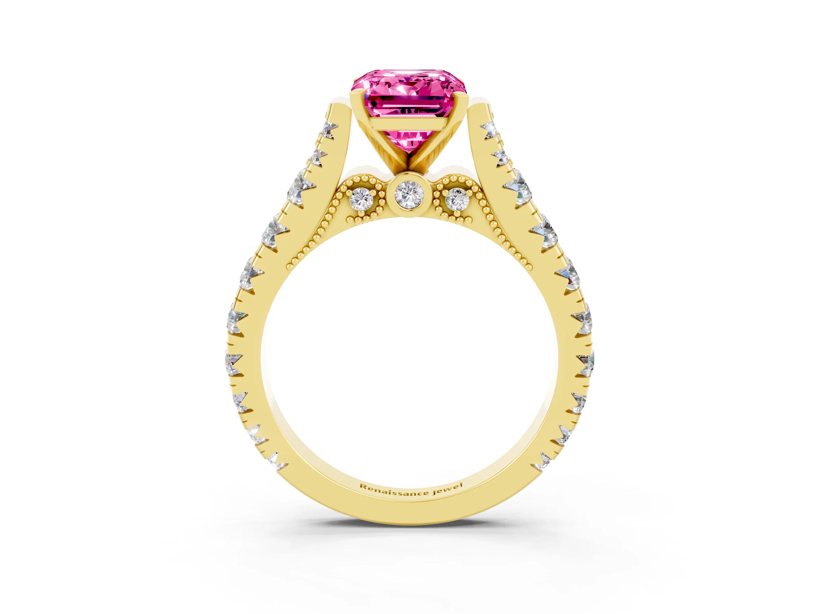 Yellow gold Emerald Cut Pink Sapphire Classic Solitaire Ring with Pavé Band and Four-Prong Setting_15