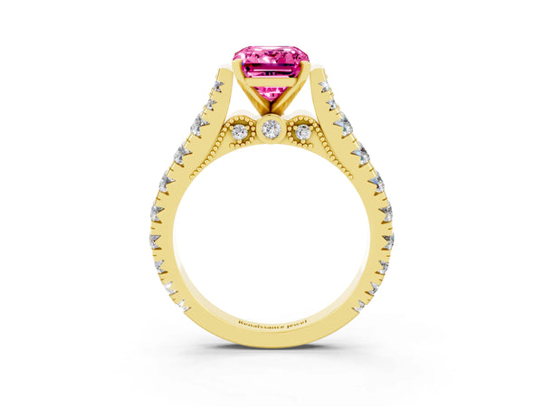 Yellow gold Emerald Cut Pink Sapphire Classic Solitaire Ring with Pavé Band and Four-Prong Setting