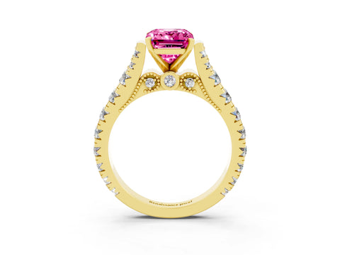 Yellow gold Emerald Cut Pink Sapphire Classic Solitaire Ring with Pavé Band and Four-Prong Setting_15