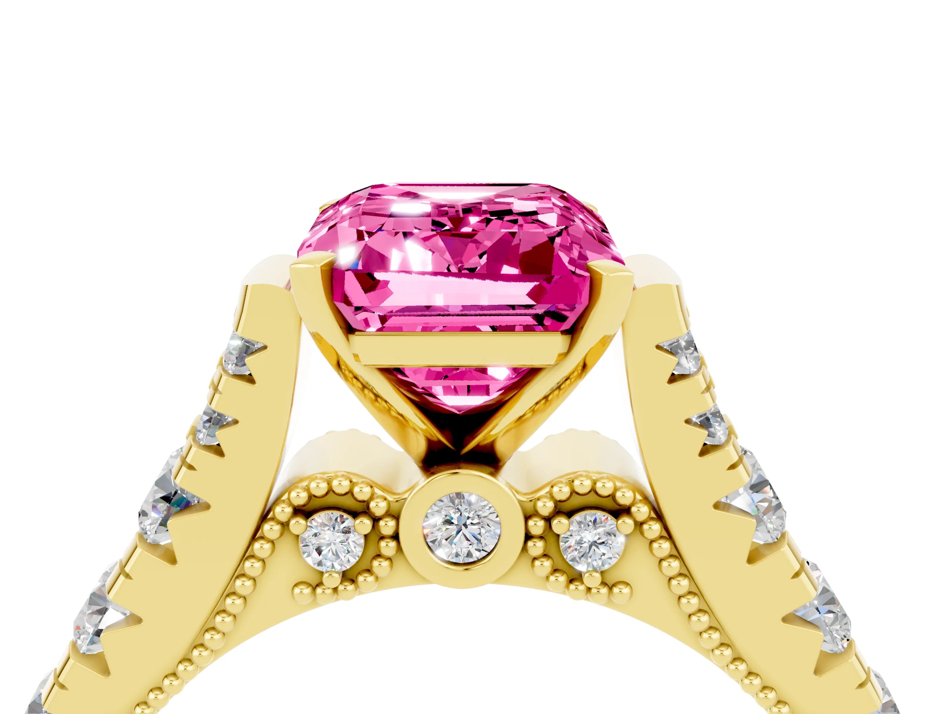 Yellow gold Emerald Cut Pink Sapphire Classic Solitaire Ring with Pavé Band and Four-Prong Setting_16