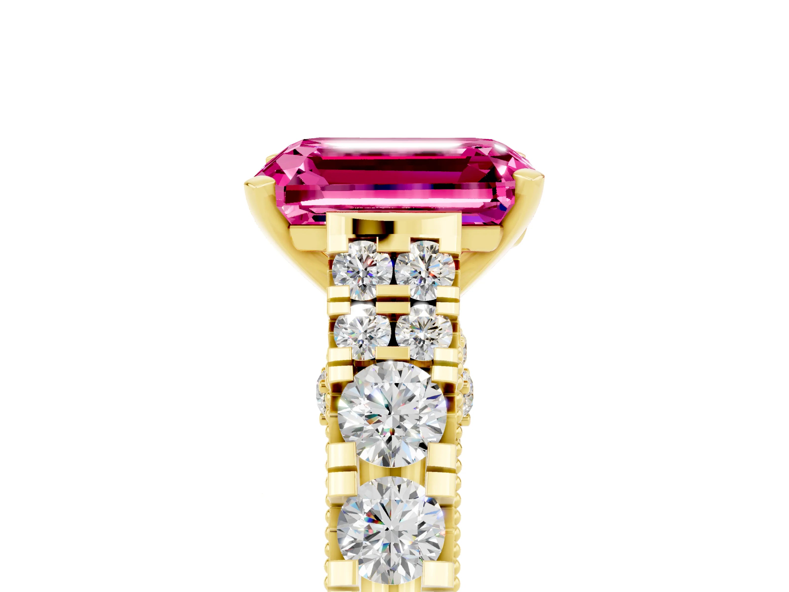 Yellow gold Emerald Cut Pink Sapphire Classic Solitaire Ring with Pavé Band and Four-Prong Setting_17