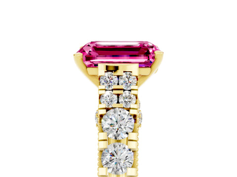 Yellow gold Emerald Cut Pink Sapphire Classic Solitaire Ring with Pavé Band and Four-Prong Setting_17