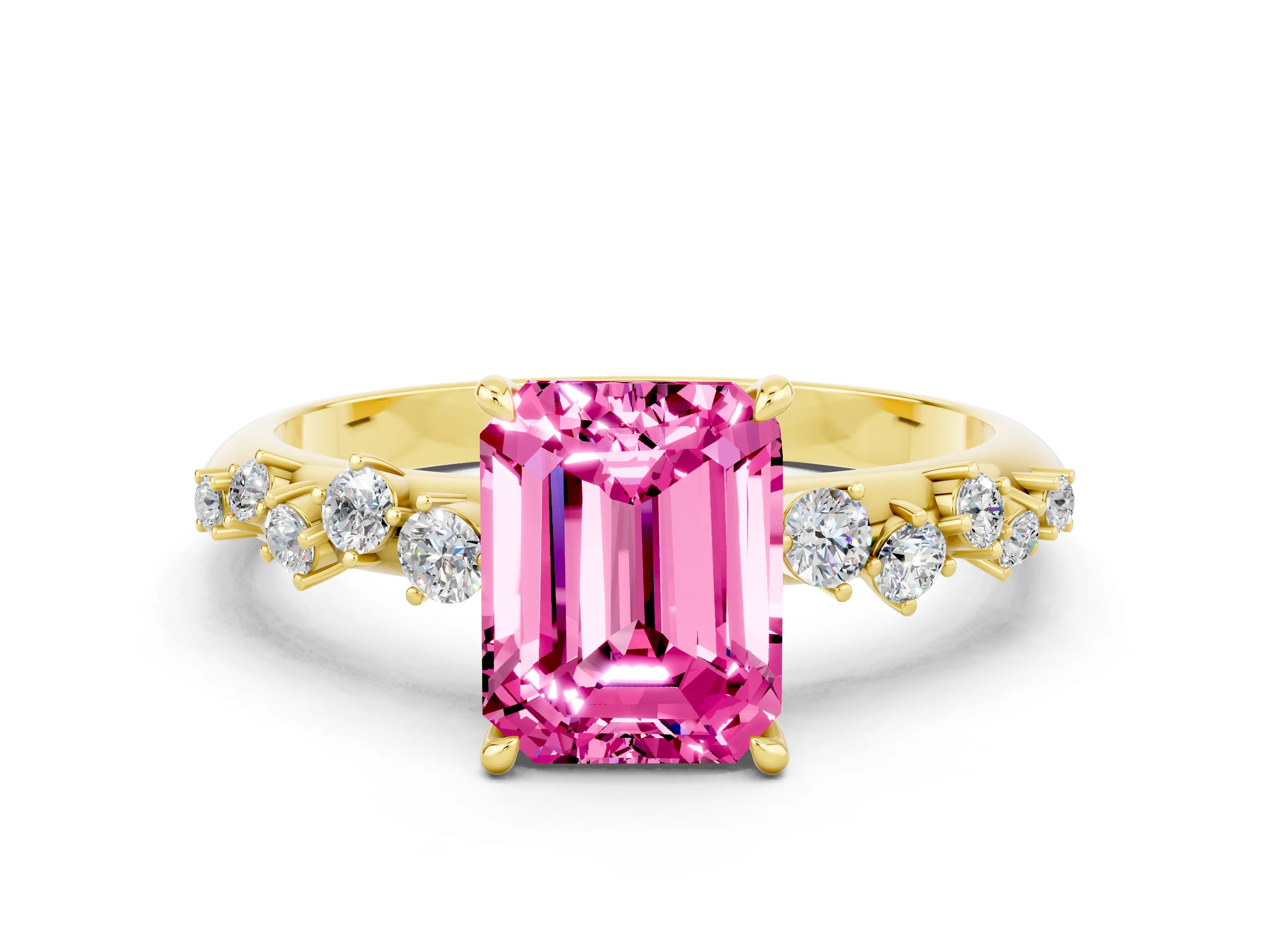 Yellow gold Emerald Cut Pink Sapphire Cluster Side Stone Solitaire Ring with Prong Setting_71