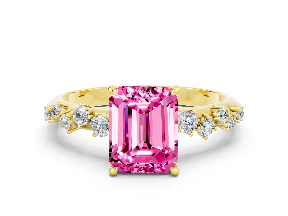 Yellow gold Emerald Cut Pink Sapphire Cluster Side Stone Solitaire Ring with Prong Setting_71