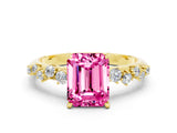 Yellow gold Emerald Cut Pink Sapphire Cluster Side Stone Solitaire Ring with Prong Setting_71