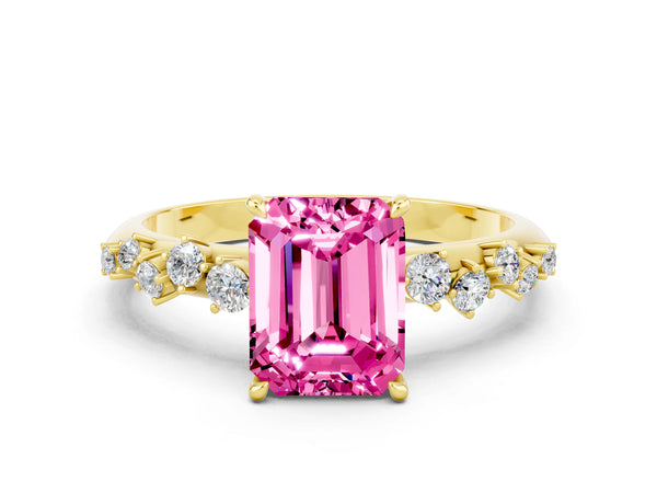 Yellow gold Emerald Cut Pink Sapphire Cluster Side Stone Solitaire Ring with Prong Setting