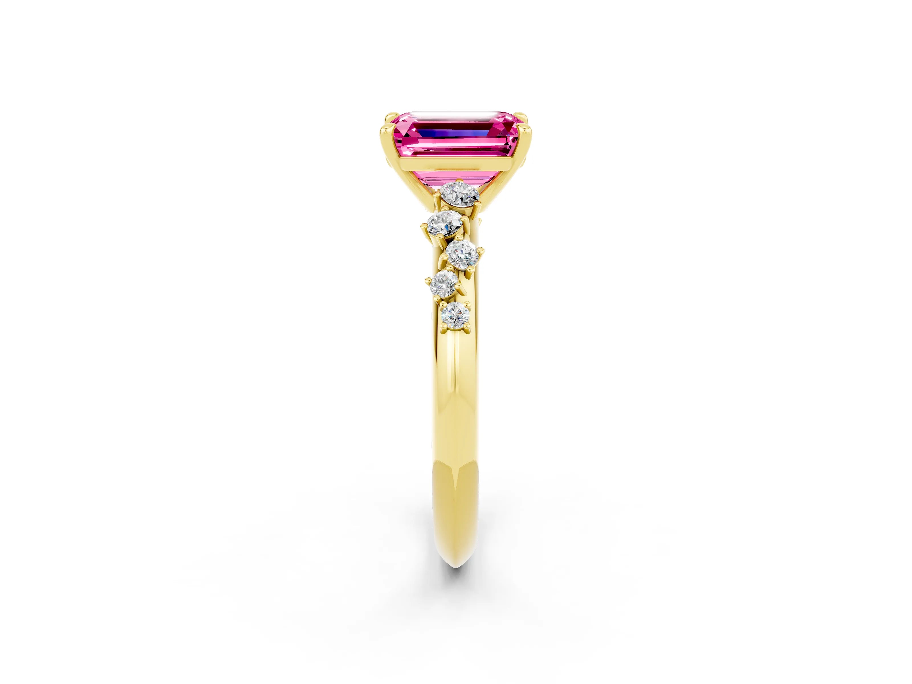 Yellow gold Emerald Cut Pink Sapphire Cluster Side Stone Solitaire Ring with Prong Setting_73