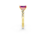 Yellow gold Emerald Cut Pink Sapphire Cluster Side Stone Solitaire Ring with Prong Setting_73