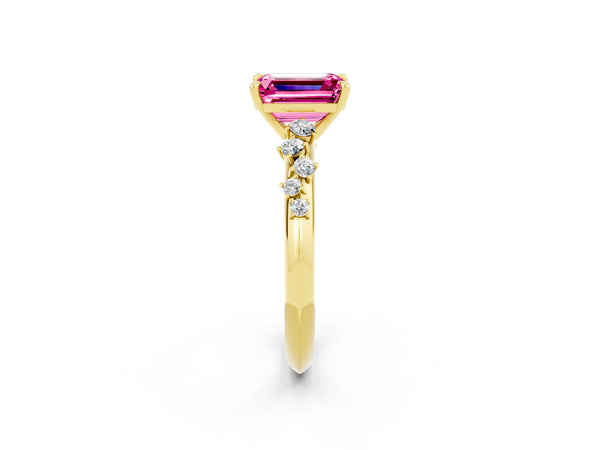 Yellow gold Emerald Cut Pink Sapphire Cluster Side Stone Solitaire Ring with Prong Setting