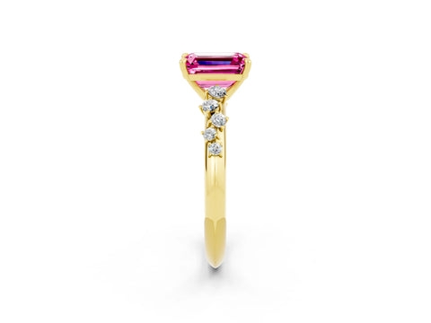Yellow gold Emerald Cut Pink Sapphire Cluster Side Stone Solitaire Ring with Prong Setting_73