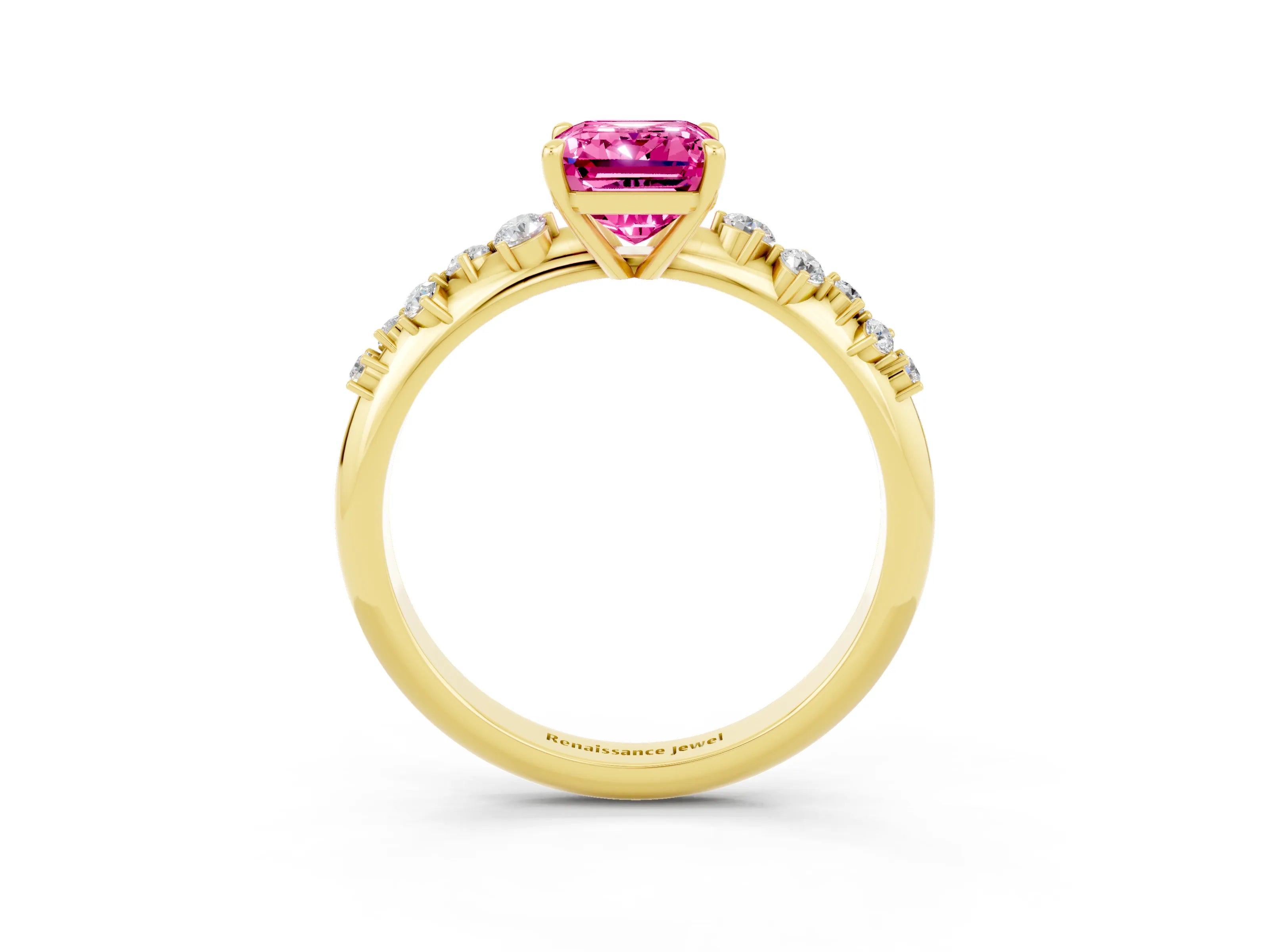 Yellow gold Emerald Cut Pink Sapphire Cluster Side Stone Solitaire Ring with Prong Setting_74