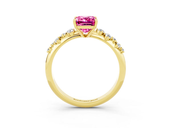 Yellow gold Emerald Cut Pink Sapphire Cluster Side Stone Solitaire Ring with Prong Setting