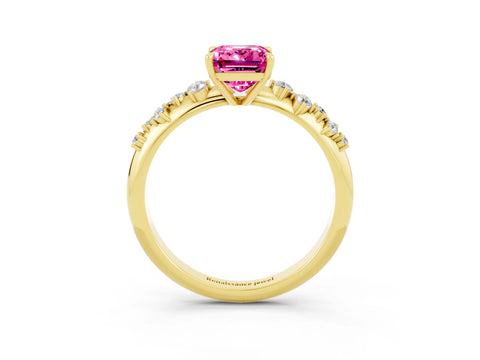 Yellow gold Emerald Cut Pink Sapphire Cluster Side Stone Solitaire Ring with Prong Setting_74