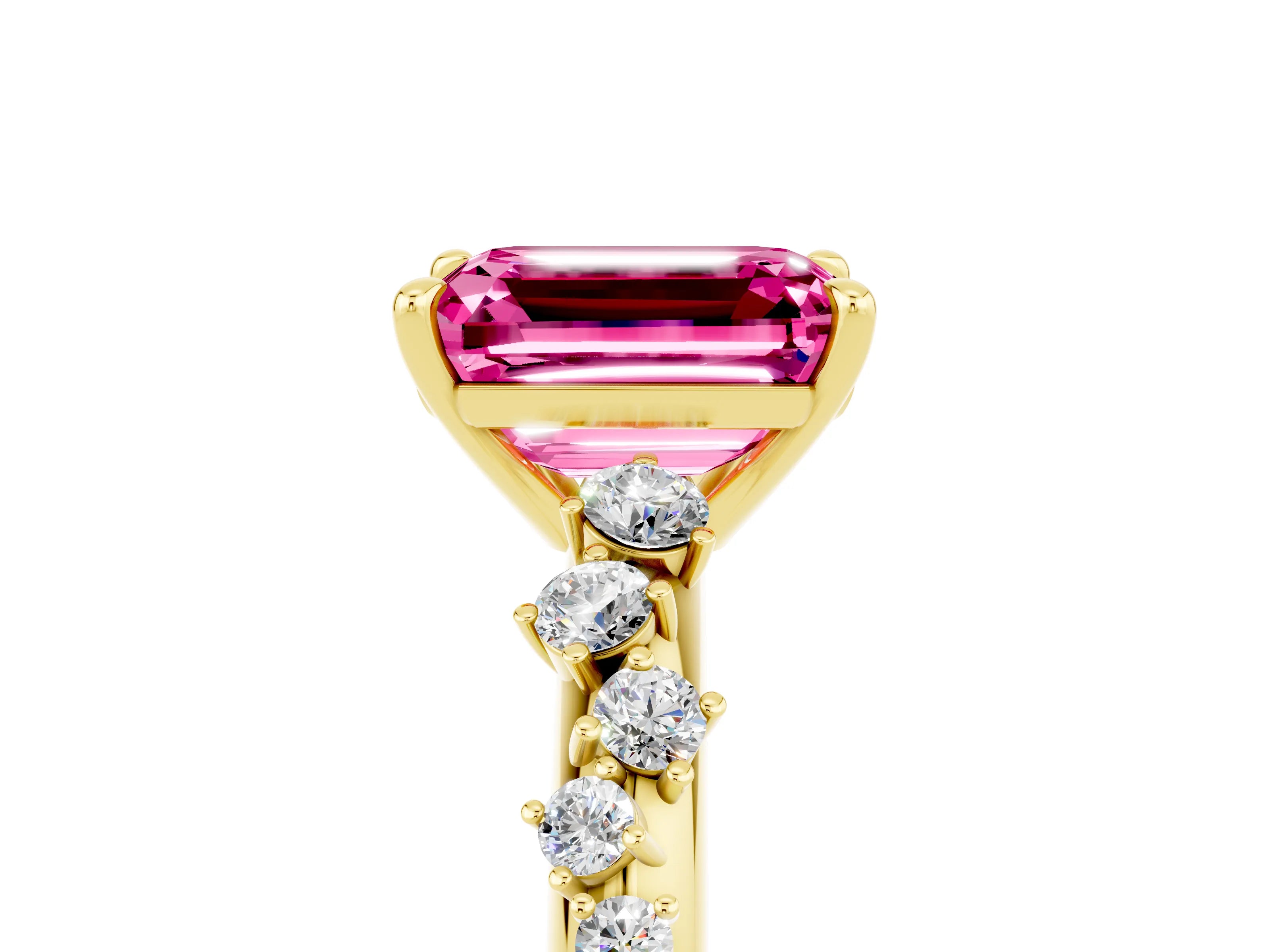 Yellow gold Emerald Cut Pink Sapphire Cluster Side Stone Solitaire Ring with Prong Setting_76