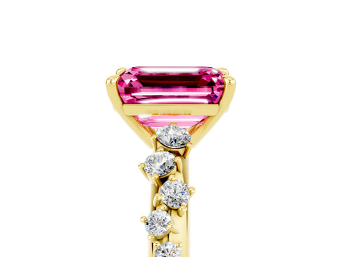 Yellow gold Emerald Cut Pink Sapphire Cluster Side Stone Solitaire Ring with Prong Setting_76