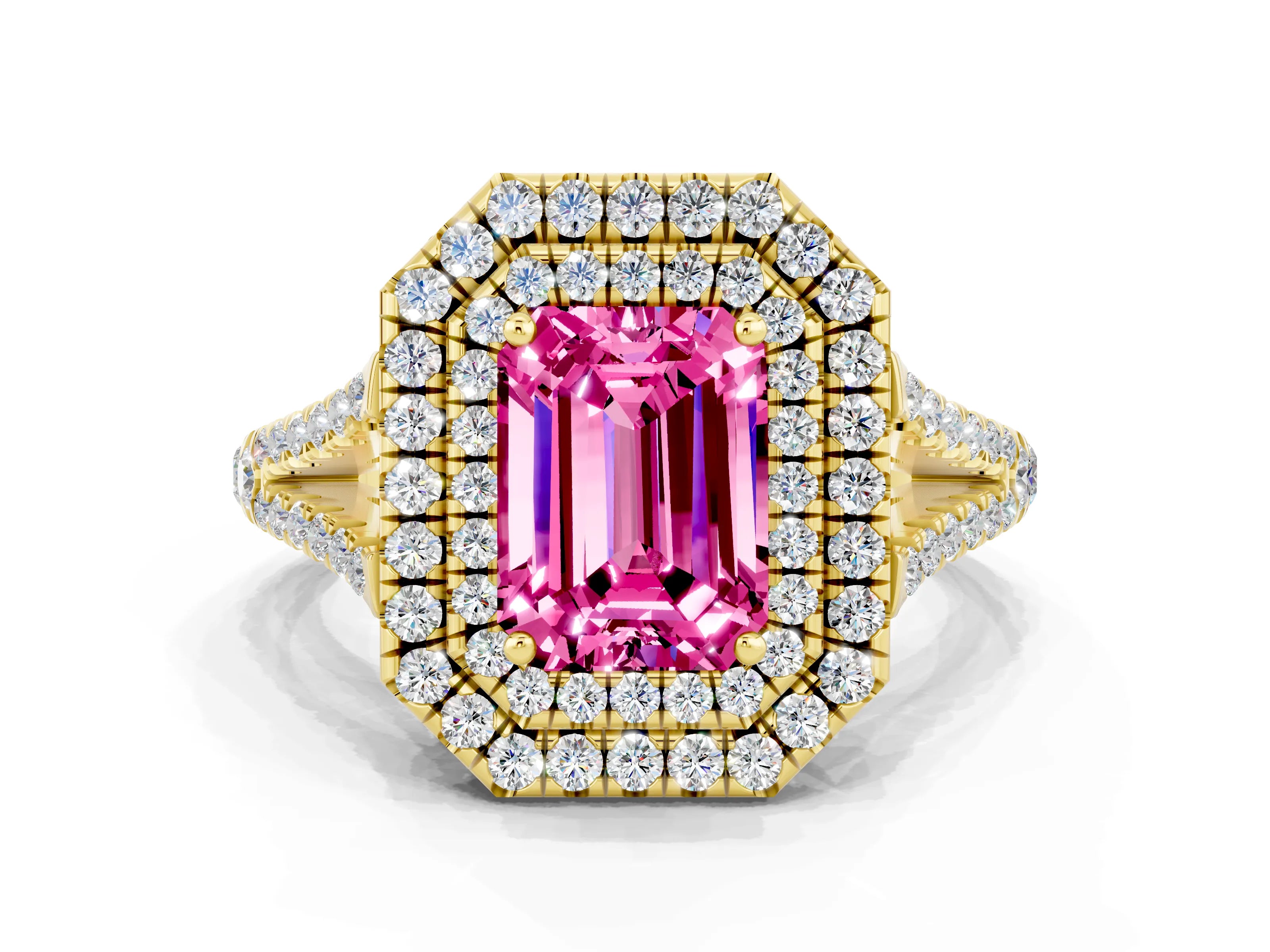 Yellow gold Emerald Cut Pink Sapphire Double Halo Ring with Pavé Band and Prong Setting_12