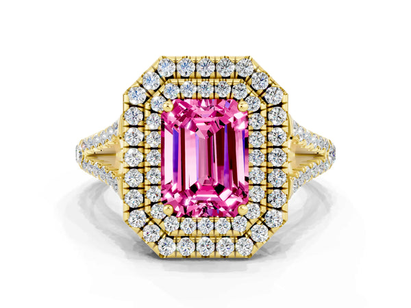 Yellow gold Emerald Cut Pink Sapphire Double Halo Ring with Pavé Band and Prong Setting