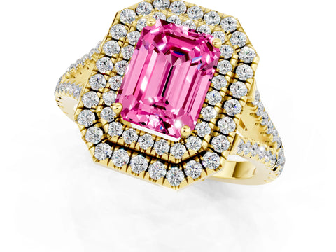 Yellow gold Emerald Cut Pink Sapphire Double Halo Ring with Pavé Band and Prong Setting_13