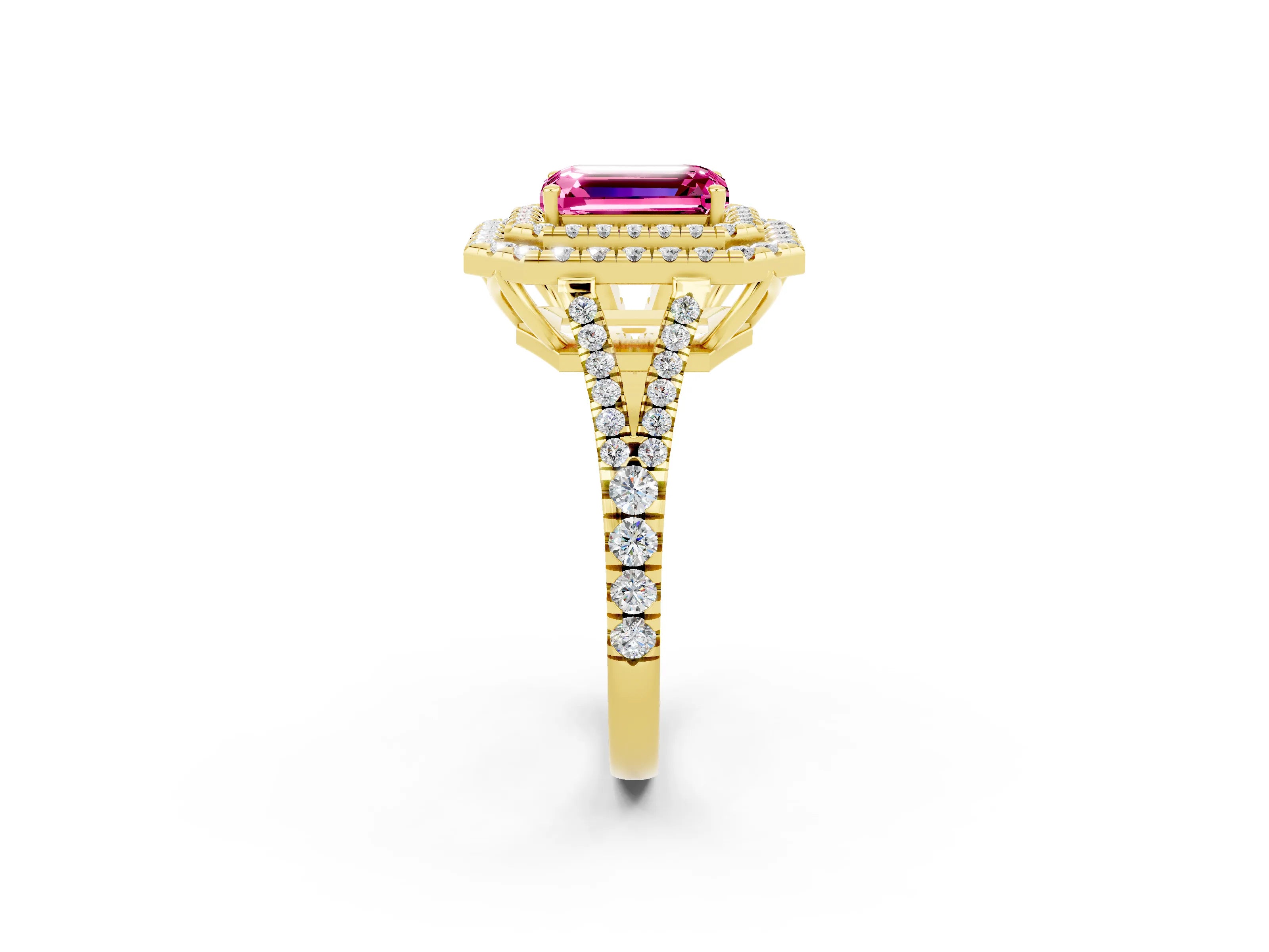 Yellow gold Emerald Cut Pink Sapphire Double Halo Ring with Pavé Band and Prong Setting_14