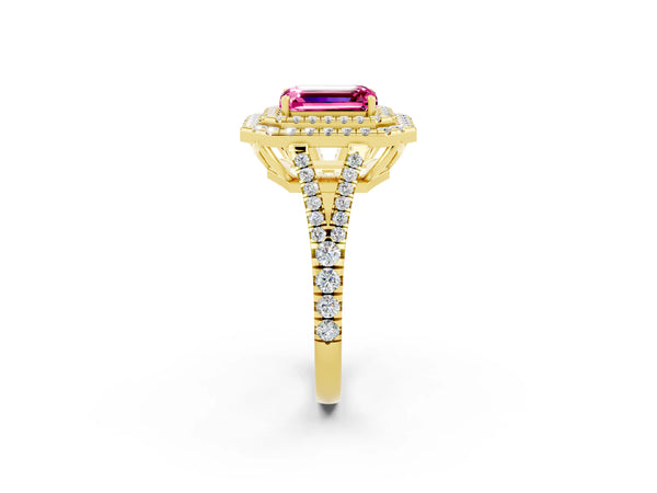 Yellow gold Emerald Cut Pink Sapphire Double Halo Ring with Pavé Band and Prong Setting