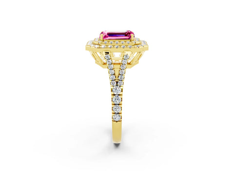 Yellow gold Emerald Cut Pink Sapphire Double Halo Ring with Pavé Band and Prong Setting_14