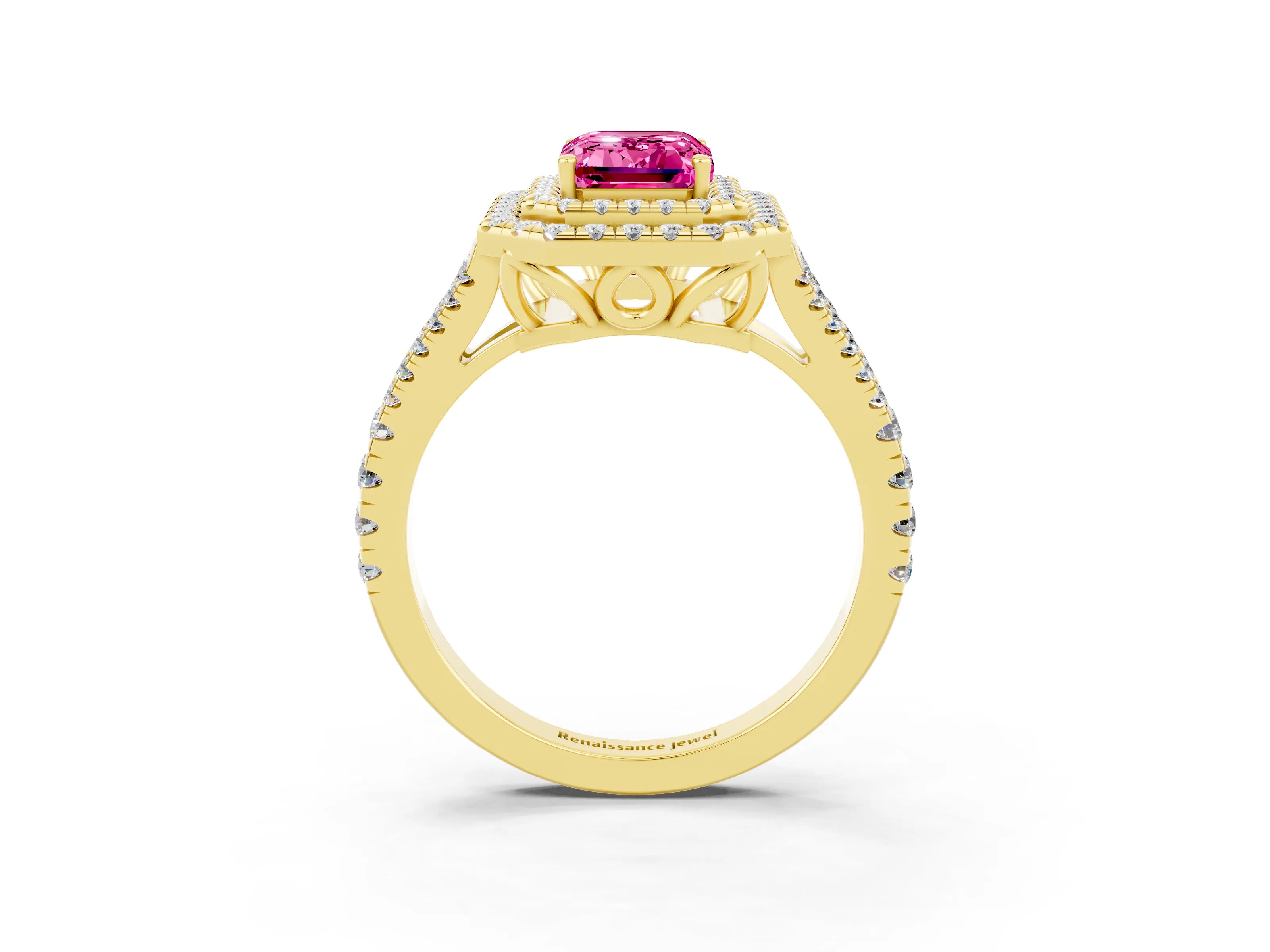 Yellow gold Emerald Cut Pink Sapphire Double Halo Ring with Pavé Band and Prong Setting_15