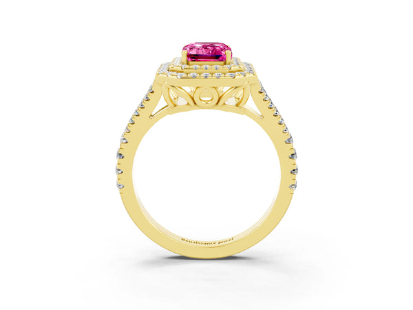Yellow gold Emerald Cut Pink Sapphire Double Halo Ring with Pavé Band and Prong Setting