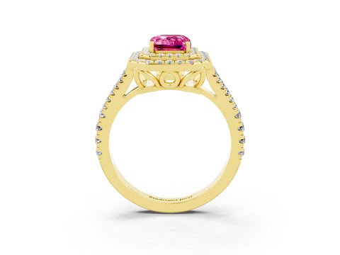 Yellow gold Emerald Cut Pink Sapphire Double Halo Ring with Pavé Band and Prong Setting_15