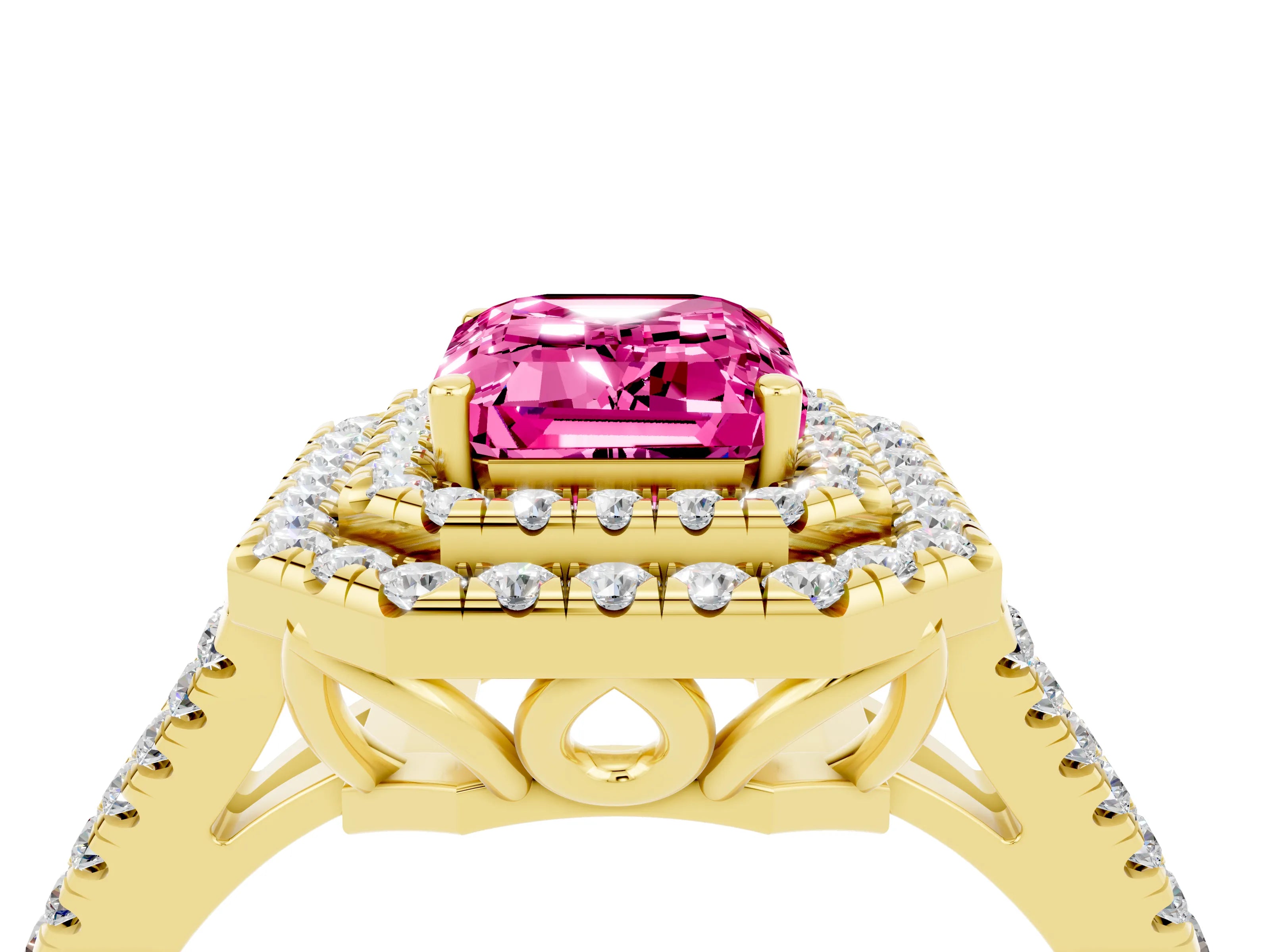 Yellow gold Emerald Cut Pink Sapphire Double Halo Ring with Pavé Band and Prong Setting_16